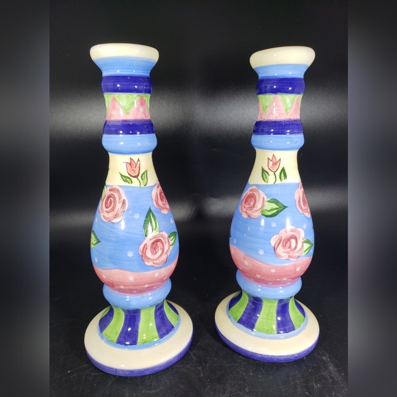 Pair of Bella Casa Multicolor Ceramic Candlestick Candle holders - Picture 4 of 8